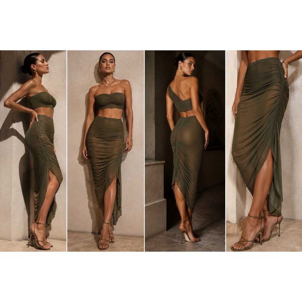 $189 Norma Kamali Olive Green Ruched Asymmetrical Tube Skirt X-Small US